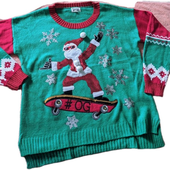Ugly Sno Board Christmas Green Santa Sweater LG 22" Pit2Pit Free Shipping Cute! - Picture 2 of 5